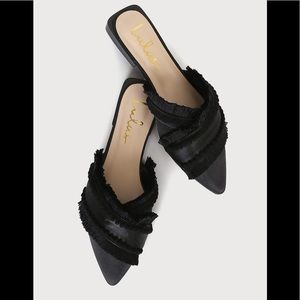 LuLus Black Leryn Black Satin Fringe Pointy Toe Mule Slides size 7.5 NWOT